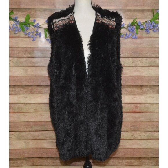 L Love Boutique Black Furry Shaggy Long Open Front Sweater Vest Womens Size 2XL - Picture 1 of 11